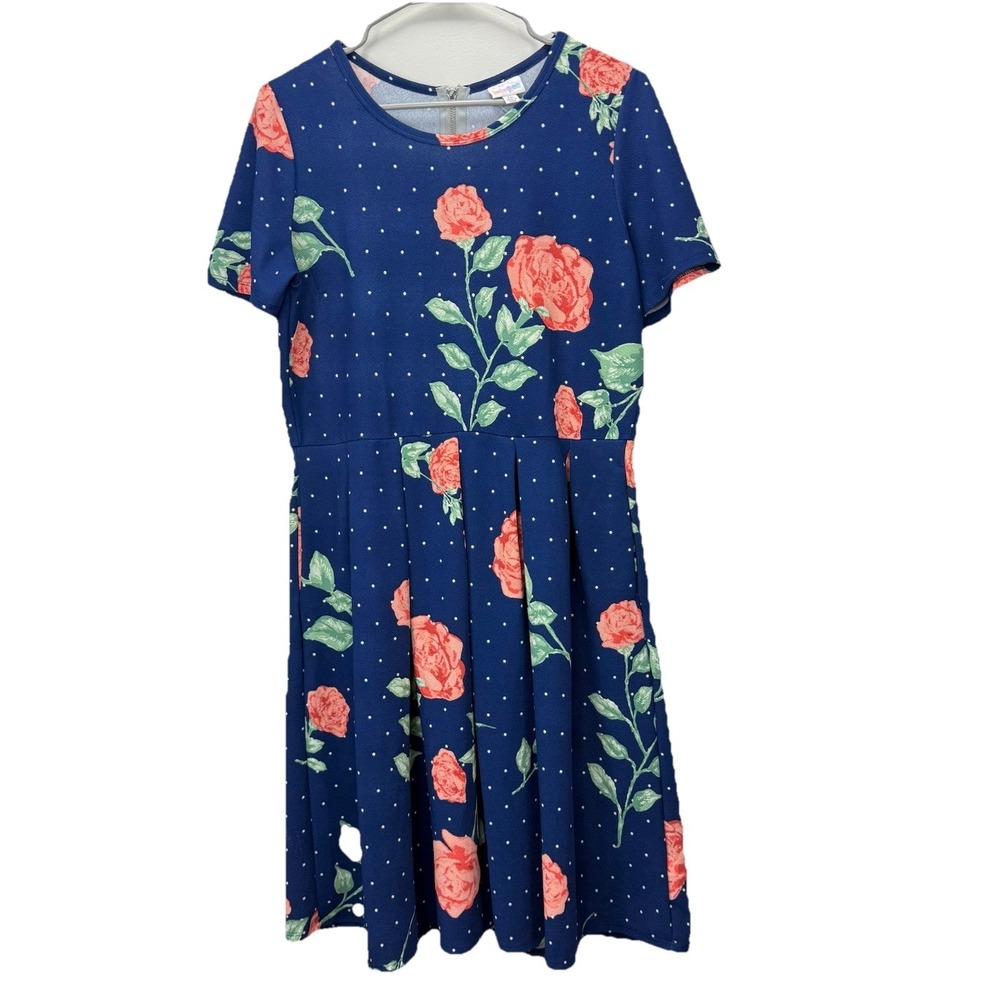 LuLaRoe Pink Rose Floral Blue Pockets Stretch Amelia Dress Size 2XL